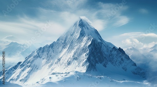 Snow-dusted mountain peak against a backdrop of clear skies, inviting contemplation and admiration for nature's serene allure. Tranquility, snow-dusted peak, clear skies. Generated by AI. © Anastasia