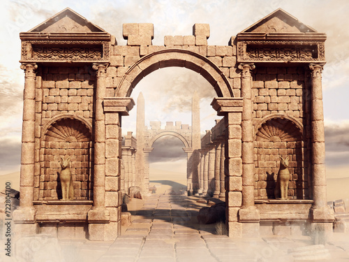 Fantasy scene showing remains of an ancient Egyptian temple located in the desert. Made from 3d elements and painted parts. No AI used. The image is not a real place  - it's a set of 3d objects.