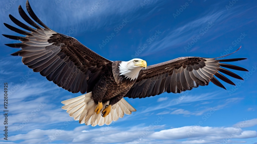 A breathtaking sight of a bald eagle soaring majestically amidst a pristine blue sky, an embodiment of freedom, power, and unbridled grace. Generated by AI. A breathtaking sight of a bald eagle soaring majestically amidst a pristine blue sky, an embodiment of freedom, power, and unbridled grace. Generated by AI.