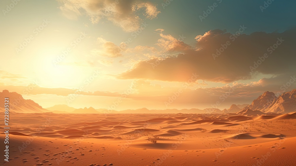 A serene vista of endless sand dunes in a solitary desert landscape under the boundless sky, a portrayal of untouched beauty and unending horizons. Generated by AI.