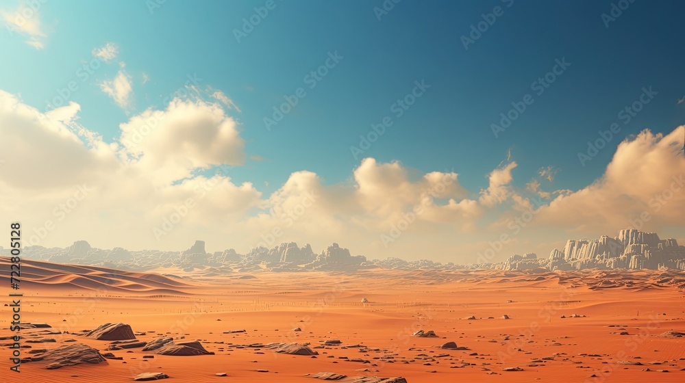 The vast emptiness of a solitary desert landscape with its endless sand dunes beneath the expansive sky, an untouched canvas of serene natural beauty. Generated by AI. - obrazy, fototapety, plakaty 