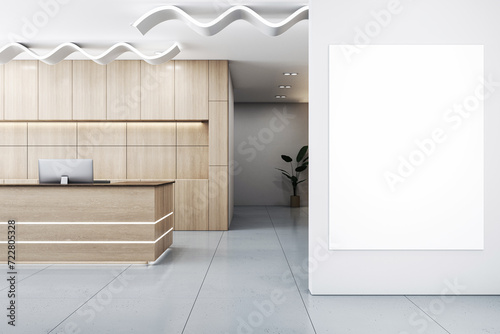 Sleek modern reception desk with wood accents and wave patterned ceiling. 3D Rendering