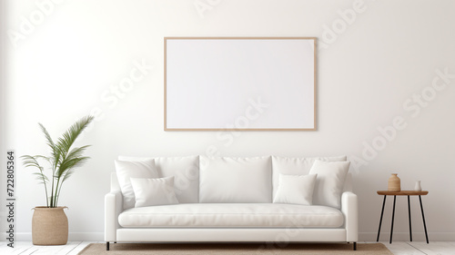 A blank white frame mockup in a minimalist living room