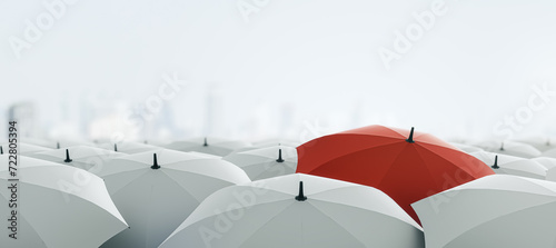 White and red umbrellas on wide light background with mock up place. Protection and insurance concept. 3D Rendering.