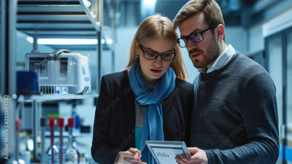 Two professional scientists or researchers, a man and a woman, are focused on a tablet in a laboratory setting Two professional scientists or researchers, a man and a woman, are focused on a tablet in a laboratory setting
