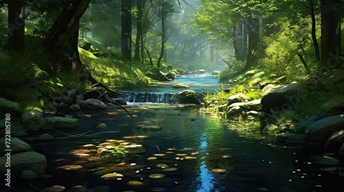 Forest stream  where crystal-clear waters meander through the tranquil woods. Nature s beauty  peaceful  clear stream  pristine water  serene ambiance. Generated by AI.