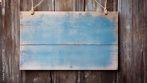 Blank wooden sign hanging on an old blue wooden door.