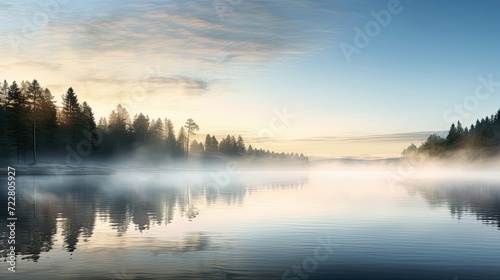 Tranquil lake at dawn  where mist gently rises from the still waters  creating an ethereal and peaceful ambiance. Dawn tranquility  misty lake  serene waters. Generated by AI.