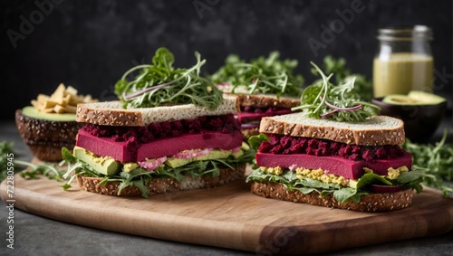 Vegan sandwiches with beetroot hummus. Sandwich with beet  avocado  and arugula