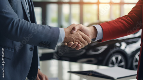 car salesman shaking hands with buyer after signing the car contract in car showroom.