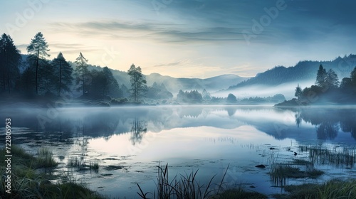 Lake at dawn, as mist softly ascends from the tranquil, still waters, creating an otherworldly ambiance. Dawn tranquility, misty waters, serene ambiance. Generated by AI.