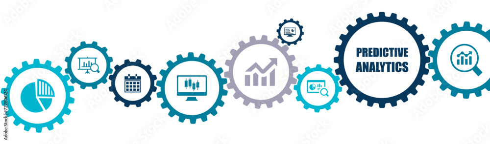 Predictive analytics banner vector illustration with the icons of big data analysis, business intelligence, internet, modern technology, application, marketing, strategy, planning on white background