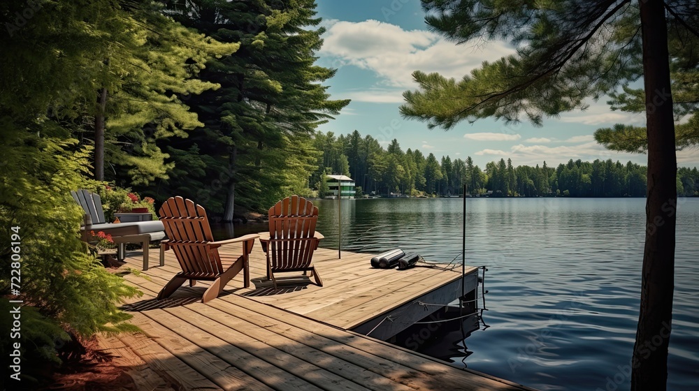 Lakeside retreat featuring a dock for fishing and boating, providing a serene environment for relaxation and leisure. Tranquil ambiance, fishing dock, boating relaxation. Generated by AI. Lakeside retreat featuring a dock for fishing and boating, providing a serene environment for relaxation and leisure. Tranquil ambiance, fishing dock, boating relaxation. Generated by AI.