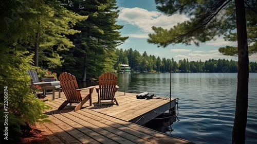 Lakeside retreat featuring a dock for fishing and boating, providing a serene environment for relaxation and leisure. Tranquil ambiance, fishing dock, boating relaxation. Generated by AI. photo
