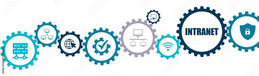 Intranet banner vector illustration with the icons of business corporate, communication, document management system (DMS), cyber security, technology, access, information, data, on white background.