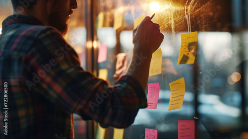Person in a plaid shirt writing on sticky notes during a brainstorming session.