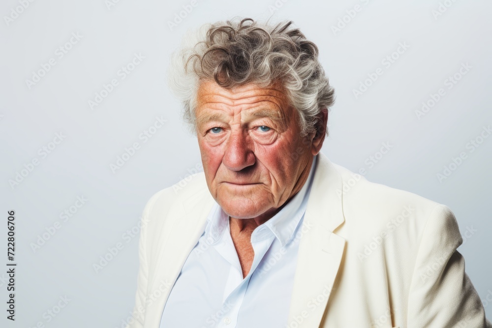 Portrait of a senior man in a white jacket on a gray background Portrait of a senior man in a white jacket on a gray background