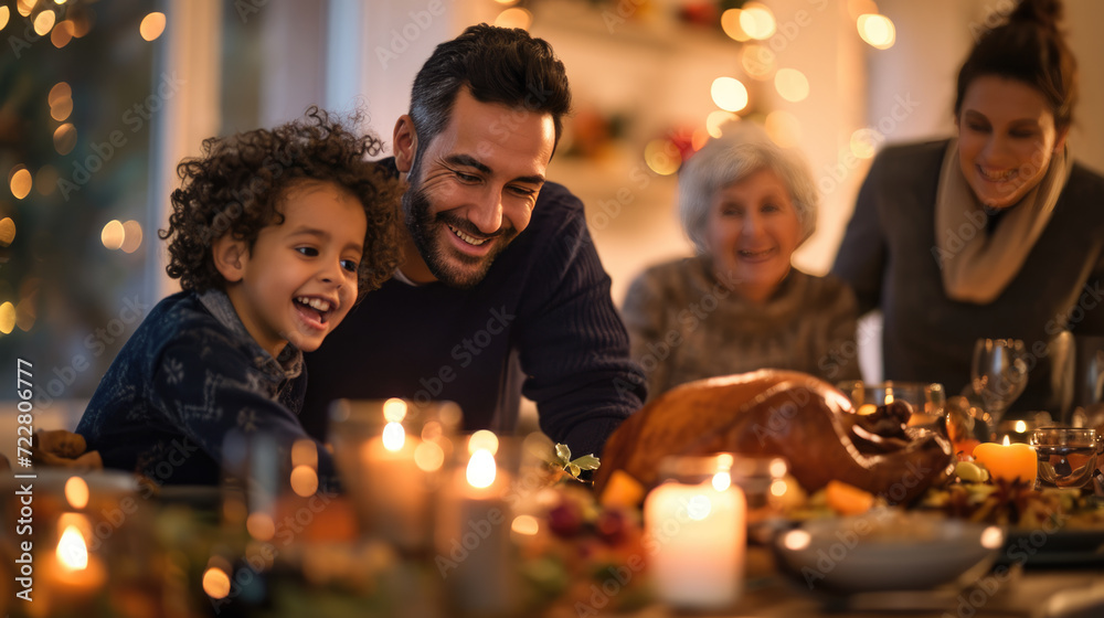 Family gathered around a dinner table, enjoying a festive meal with a roasted turkey, smiling and engaging in lively conversation. Family gathered around a dinner table, enjoying a festive meal with a roasted turkey, smiling and engaging in lively conversation.