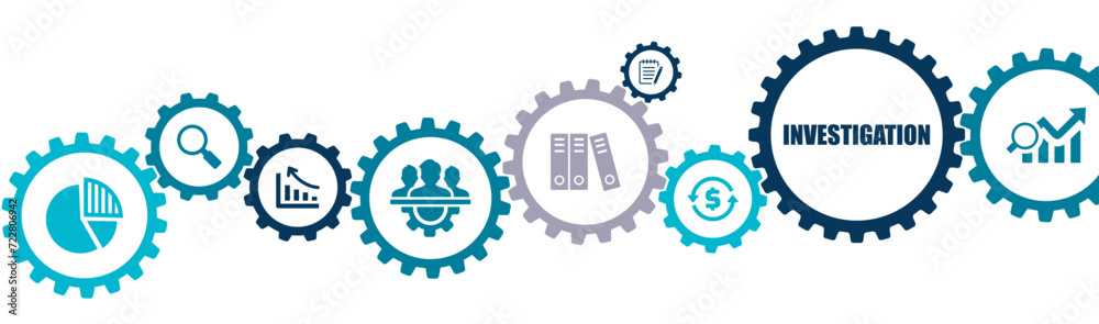 investigation banner vector illustration with the icons of inspection, auditing, business, cyberspace, discovery, research, detective, analysis, technology, security, evaluation on white background.