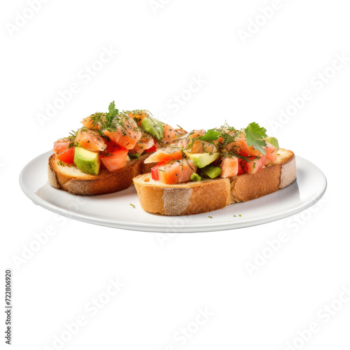 Two delicious bruschetta with salmon and avocado, on white plate, side view, isolated on transparency background PNG