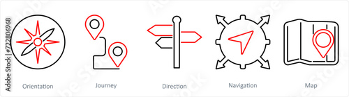 A set of 5 Adventure icons as orientation, journey, direction