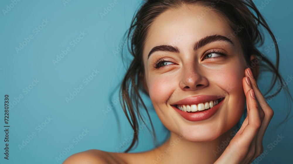 Smiling woman with a hand gently touching her face, displaying clear skin and a joyful expression. Smiling woman with a hand gently touching her face, displaying clear skin and a joyful expression.