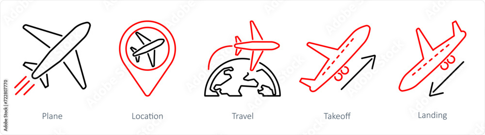 A set of 5 Airport icons as plane, location, travel