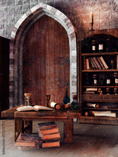 Fantasy scene showing a medieval study room with ornamented door, bookshelf with books, and a table with scrolls.  No AI used. The image is not a real place  - it's a set of 3d objects.