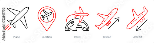 A set of 5 Airport icons as plane, location, travel