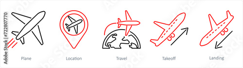 A set of 5 Airport icons as plane, location, travel