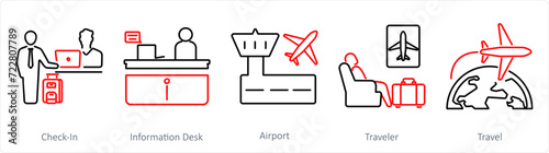 A set of 5 Airport icons as check in, information desk, airport