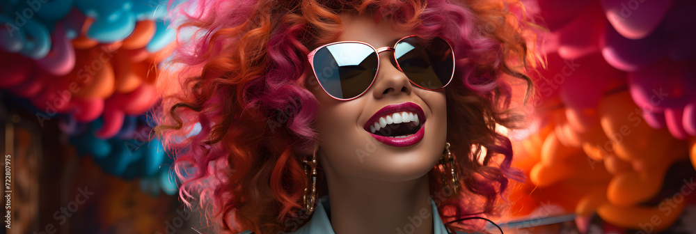 Obraz premium Portrait of Cheerful Smiling Woman with Curly Red Hair Wearing Sunglasses