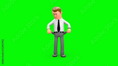 3D Animation of Money Flying Off From Cartoon Suited White Businessman’s Pocket And Pulling Out Empty Pockets