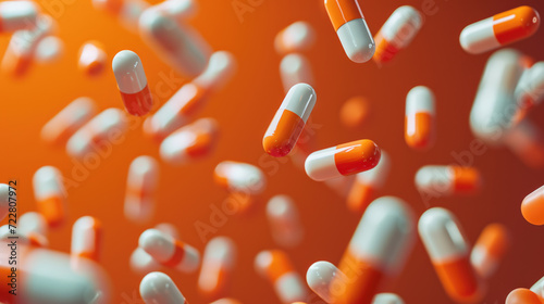 Numerous orange and white capsules suspended in the air against a vibrant orange background