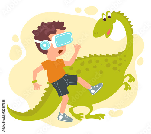 Kids virtual reality. Happy boy with VR glasses. Child playing with dino. Prehistoric reptile. Augmented technology. Futuristic travel or study. Cyberspace simulation. Vector concept