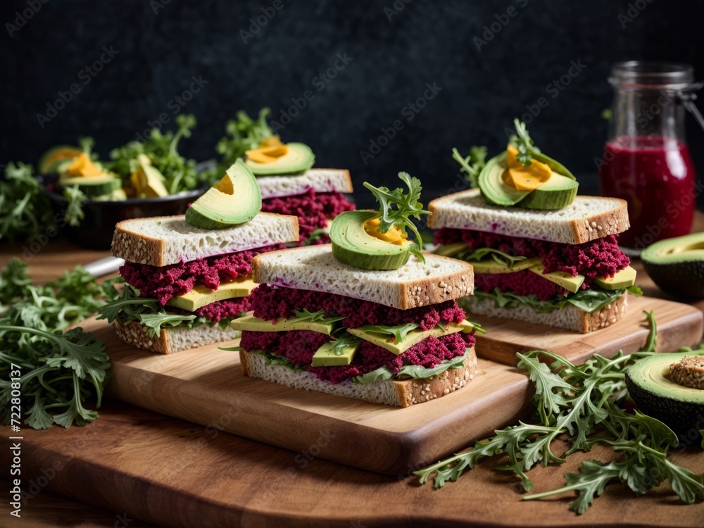 Vegan sandwiches with beetroot hummus. Sandwich with beet, avocado, and arugula