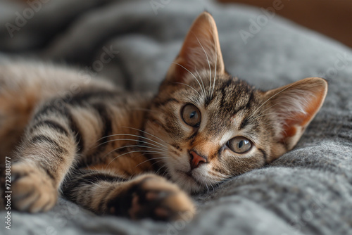 Cute Tabby Kitten Curled Up on a Soft Blanket © Vivid Verse