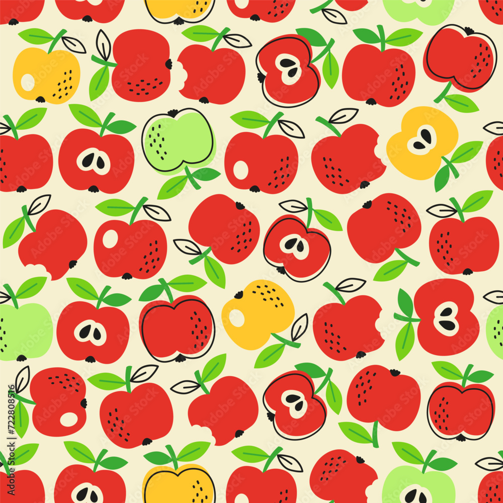 Vector hand drawn seamless pattern in a doodle style. Red and green apples on yellow background Vector hand drawn seamless pattern in a doodle style. Red and green apples on yellow background