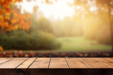Generative AI Image of Autumn Fall Season Background with Empty Wooden Table in the Garden