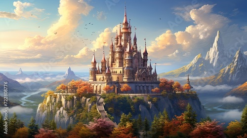 Fotografia Fairy-tale fortress, hilltop enchantment, castle turrets, magical spires, kingdom allure