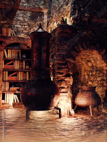 Fantasy scene showing a medieval alchemical stove, a cauldron, candles and old books. Made from 3d elements and painted parts. No AI used.  The image is not a real place  - it's a set of 3d objects.