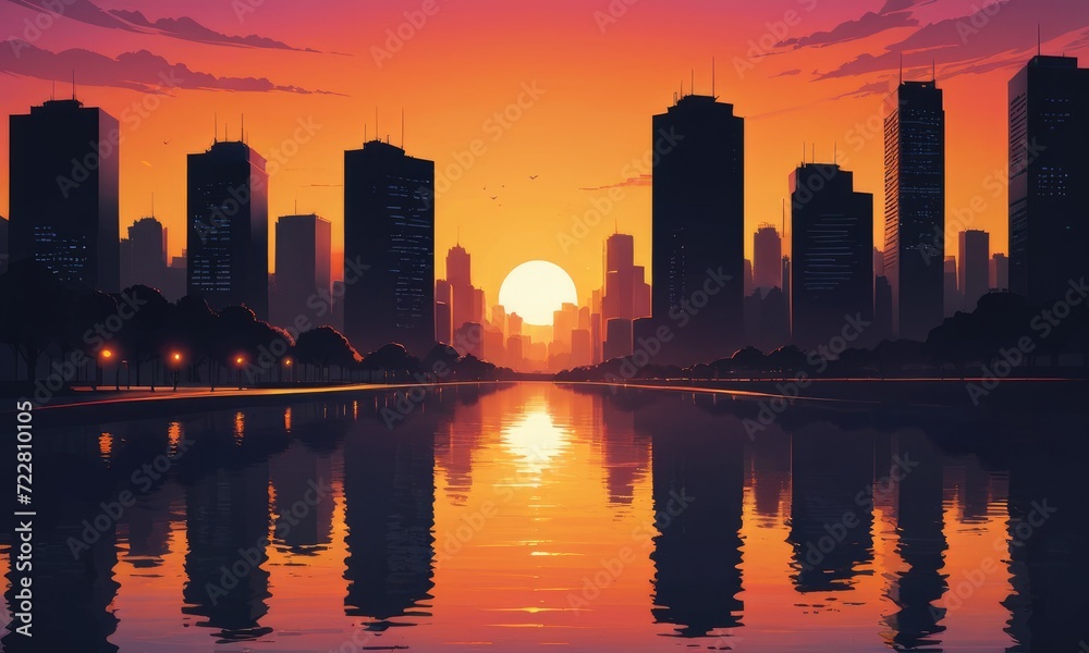 A cityscape bathed in the warm glow of the sunset by ai generated