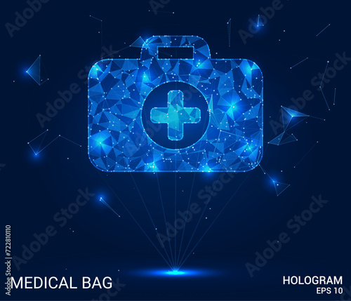 Hologram medical bag. A medical bag made of polygons, triangles of dots and lines. Medicine is a low-poly compound structure. Technology concept vector.