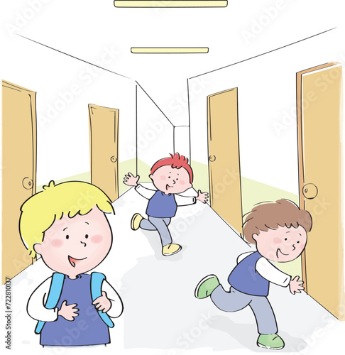 Elementary school students running down the hall at recess time.