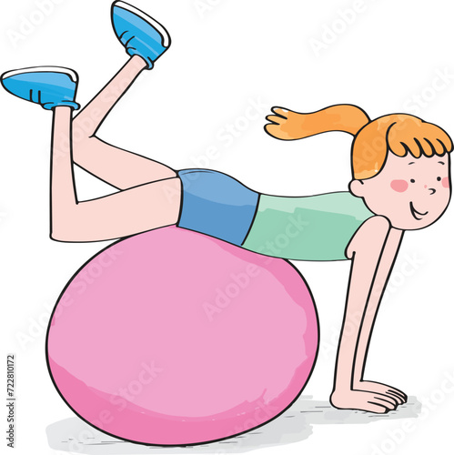 Little cute girl playing on the ball of plates.