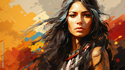 Native American Indian Beautiful Woman Face. Ethnic Peru Aztec Navajo vector portrait with tribal feather decoration