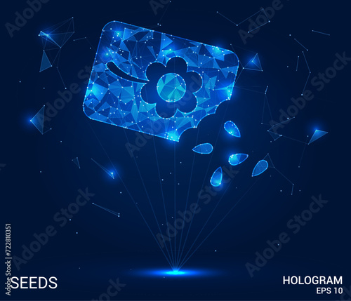 A hologram of seeds. Seeds are made of polygons, triangles of points and lines. Seed planting is a low-poly compound structure. Technology concept vector.