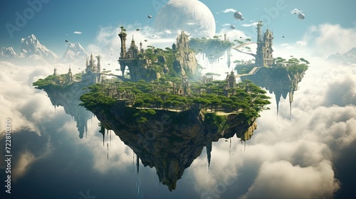 Floating islands, creating a breathtaking and fantastical vista. Ethereal, dreamlike, celestial, surreal panorama. Generated by AI. © Anastasia