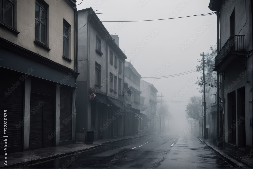 A dim and desolate empty street enveloped in smoke, smog, and fog by ai generated