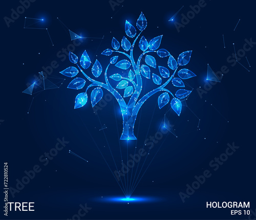 The hologram is a tree. A tree of polygons, triangles of points and lines. The tree is a low-poly compound structure. Technology concept vector.